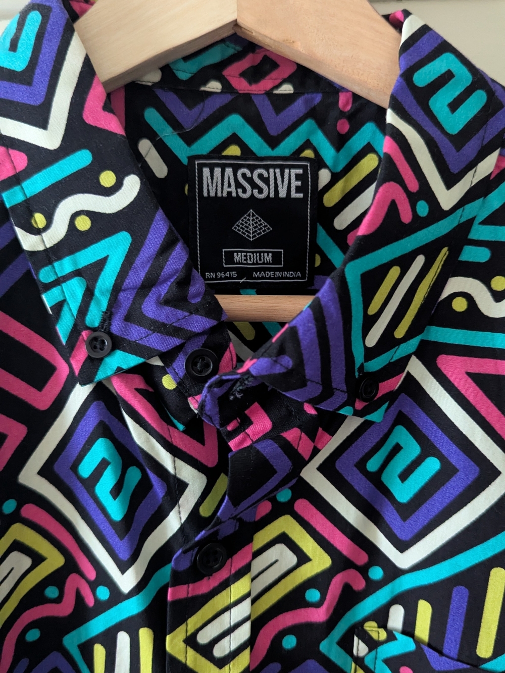 Massive Short-Sleeve Button-Down Shirt in Black with Neon Geometric Print - Picture 2 of 2